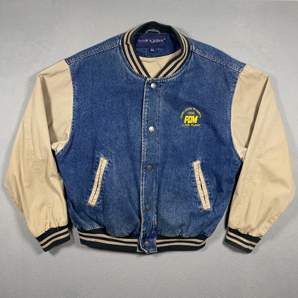 Vintage‎ Swingster Varsity Jacket Mens Large Blue Tan Denim 1995 Embroidery